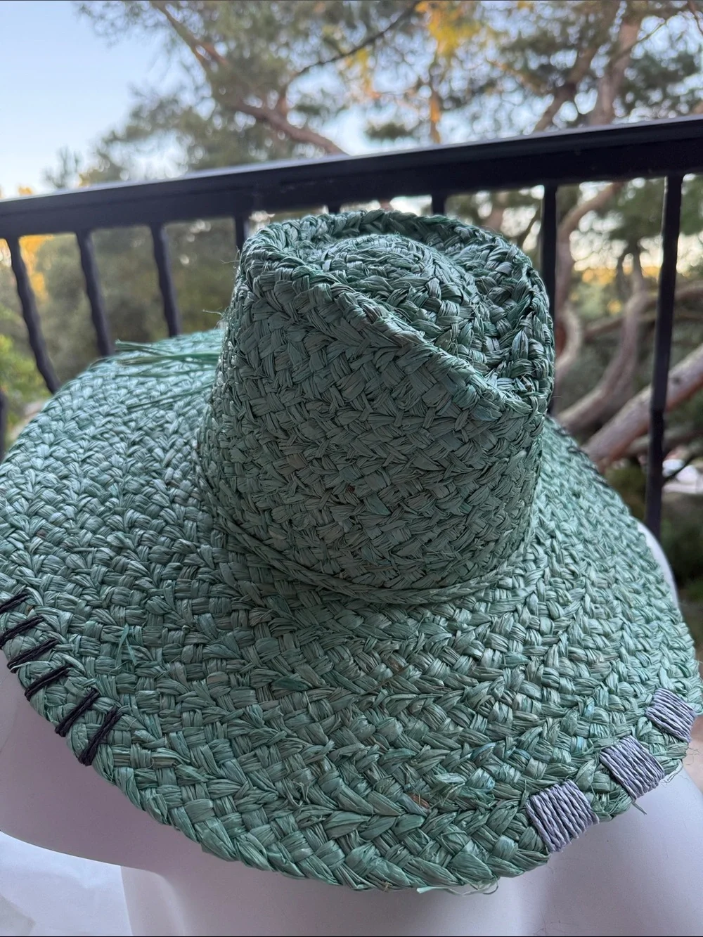 NWT Green Hat Sun Straw 100% paper hand Stitching details OS rancher floppy